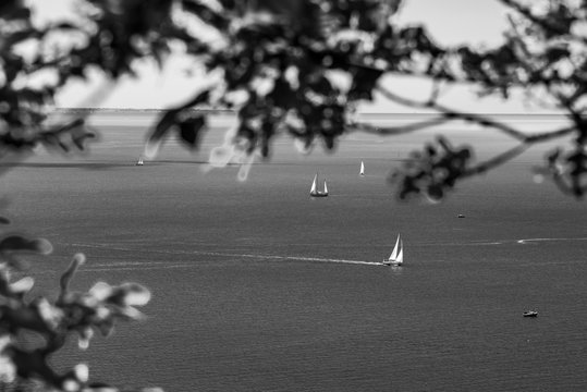 Gulf of Trieste. High cliffs Between boats, karst rocks and ancient castles. Black and white. Duino. Italy