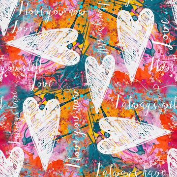 Painted Hearts And Text Seamless Pattern