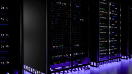Server room data center. Backup, mining, hosting, mainframe, farm and computer rack with storage information. 3d render