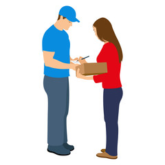 Woman receiving parcel from delivery service courier. Vector illustration isolated on white background