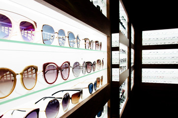 Fashionable sunglasses lit up at the showcase