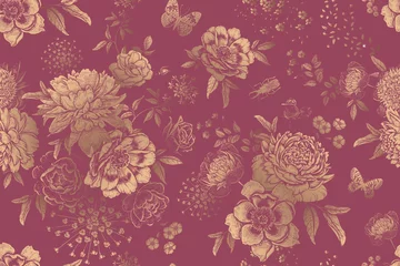 Nahtloses Blumenmuster. Gartenblumen Pfingstrosen, Rosen und Schmetterlinge. © marinavorona