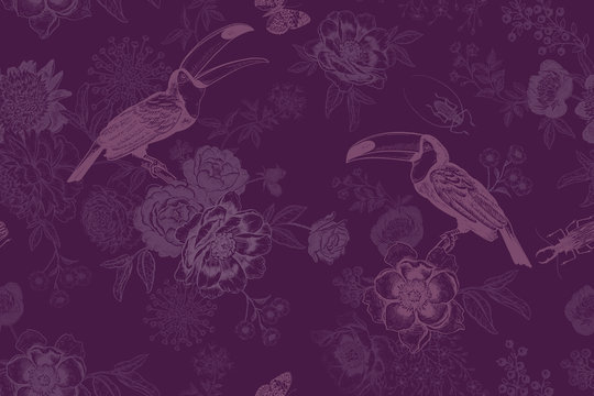 Roses, peonies and toucans. Floral seamless pattern. Violet color.