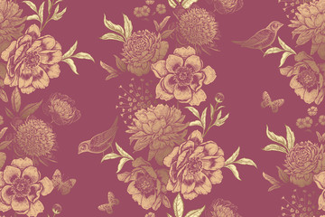 Garlands of garden flowers, birds and butterflies. Vintage floral seamless pattern.