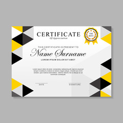 Modern certificate template design with yellow, black and white color