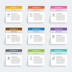 Infographics rectangle paper index with 9 data template. Vector illustration abstract background. Can be used for workflow layout, business step, banner, web design.