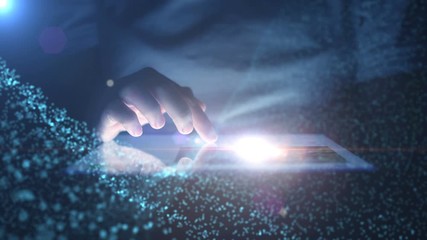 Hand touch screen smart phone, social icons interface on screen, connect to the future concept.	