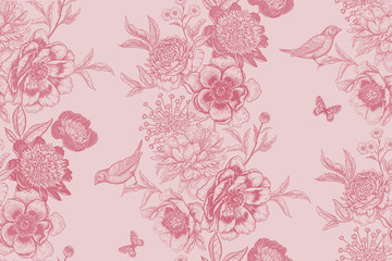 Garlands of garden flowers, birds and butterflies. Vintage seamless pattern.