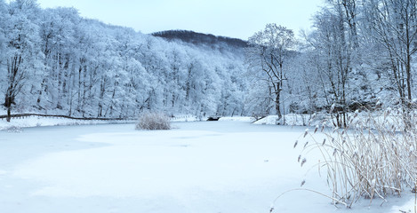 Papuk, Croatia, 01.2019. - Winter snowy morning with frost trees and ice covered lake