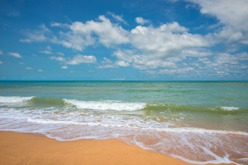 Panorama sea wave with white bubble splashing on beach.It is a quiet beach with only the sound of the beach waves.