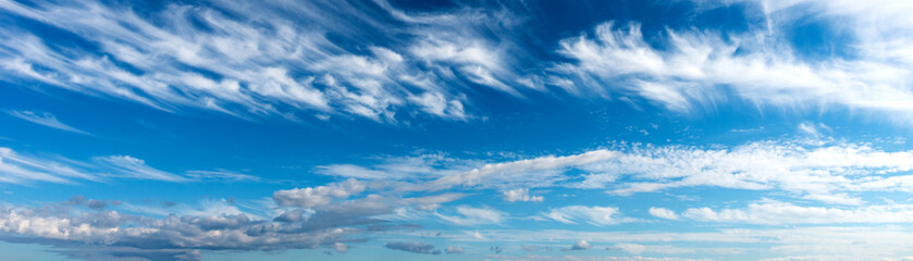 Panorama Clouds are streaks and blue sky.Flushed, fluffy white clouds scatter in full light clear sky.
