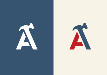 Initial letter A and hammer symbol, vector logo illustration design