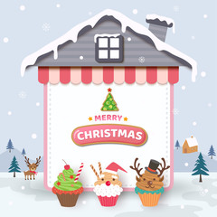 Merry Christmas with cupcakes on house frame and snow background.