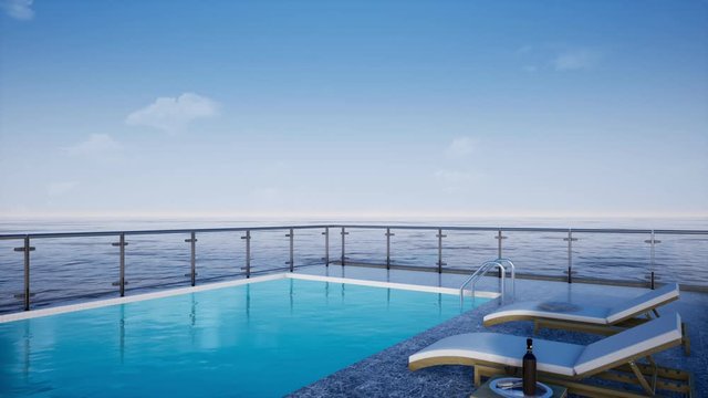 blue sky and sea view terrace with swimming pool, zoom out shot, video ultra HD 4K 3840x2160, 3D animation background