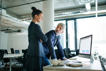 Two businesspeople with computer standing in an office at desk, working.