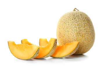 Sweet ripe melon and slices on white background
