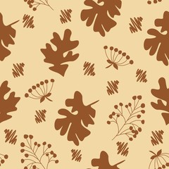 Fall acorn leaves and berries, stylized foliage vector seamless pattern. Colorful elements on beige background. 