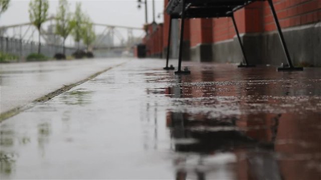 Low shot of ground looking down a rainy boardwalk with background blurred. Along side green trees and benches with rainy reflection on ground.