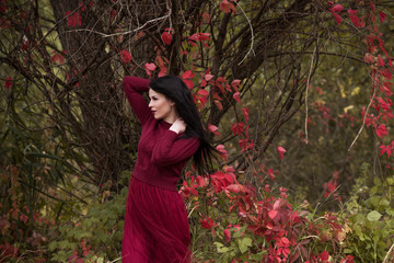 Autumn golden time, portrait of fashionable woman wear marsala dress , scene at park outdoors