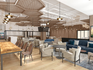 Fototapeta na wymiar modern restaurant interior design. 3d rendering concept