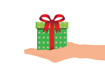 Hand giving green gift box with red ribbon vector illustration