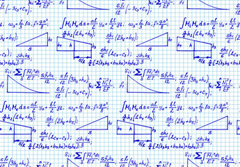 Physics seamless pattern with the equations, figures, schemes, formulas and other calculations on notebook page. Vintage scientific and education  handwritten vector Illustration.