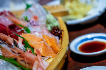 Salmon Sashimi sets, Japanese food traditional Salmon raw sashimi seafood in restaurant, Japan