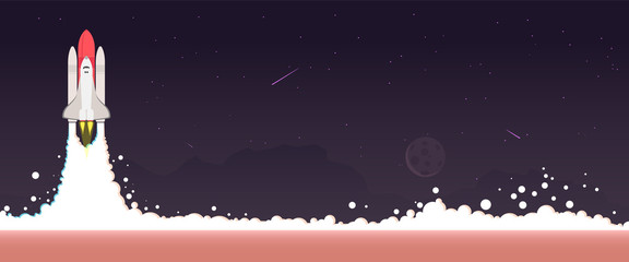 Vector illustration of space interstellar travels, universe and distant galaxies. spacecraft, rocket or shuttle for space travel or mission. Clerks working together on startup comp