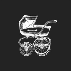 Fototapeta na wymiar Baby carriage vector illustration on black background. Sketch drawing of pram.