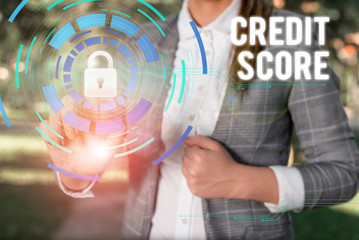 Text sign showing Credit Score. Business photo showcasing creditworthiness of an individual based on credit files Female human wear formal work suit presenting presentation use smart device