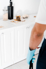 selective focus of exterminator standing near rats in kitchen