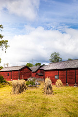 Schwedischer Bauernhof mit roten Holzhäusern. Scandinavian farmhouses on countryside. Red old...