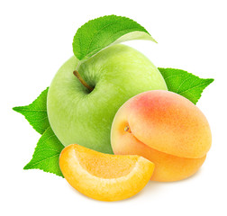 Apple with cutted apricot isolated on a white background.