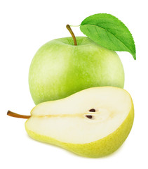 Composite image with apple and pear isolated on a white background.