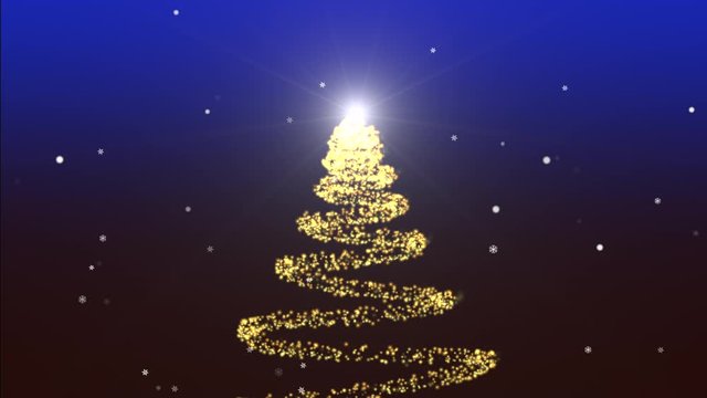 Sparkly Christmas tree rotating on blue gradient background with snowflakes. Christmas theme loop background.