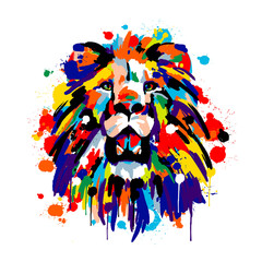 lion's face, Savannah animals, brush strokes paints, colored spray, lion mane
