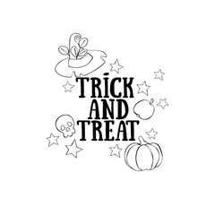 Trick and treat. Lettering. Witch hat. Pumpkin and apple. Skull. Stars. Isolated vector object on a white background.