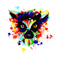 lemur lot of color, brush strokes spray paint, face head lemur, animals Africa,