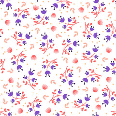Simple feminine flower seamless pattern, vector illustration on white background. Blue and pink flowers with leaves and blossom. Cute flower pattern