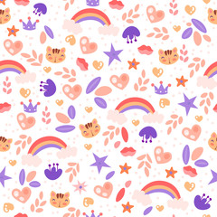 Cute girl pattern with rainbow, heart, cat, stars and flower elements on white background. Pre teen and baby girl pattern for textile, wrapping paper, banners