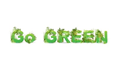 Vector illustration of word Go Green with capital letters stylized as a rainforest, with green branches, leaves, grass and bushes next to them, isolated on white. Ecology environmental typeface, eco