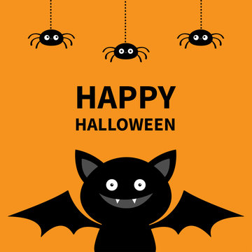 Happy Halloween. Three hanging spiders and bat. Cute cartoon kawaii funny baby character with open wings. Black silhouette. Forest animal. Flat design. Orange background. Isolated. Greeting card.