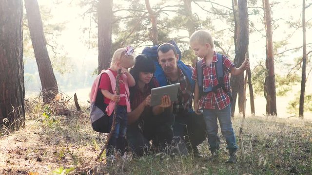 happy family navigation tourists teamwork slow motion video concept. mom dad son and daughter hiking in the forest looking for a way on a digital tablet. group of lifestyle people hikers with