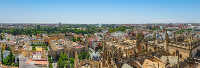 Panoramic view of Seville from the height of the Giralda tower of Cathedral on a sunny day.