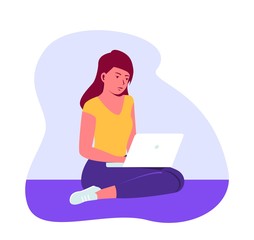Young girl sitting on the floor with her laptop. Work at home is remote. Remote working woman. Flat vector illustration isolated on white background
