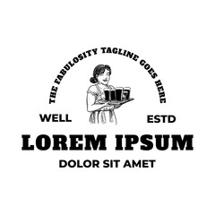 Beauty classic uniform waitress with some beer in her tray logo