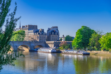 Fototapeta na wymiar Paris, view of the Pont-Neuf and the ile de la Cité, with houseboats and beautiful facades