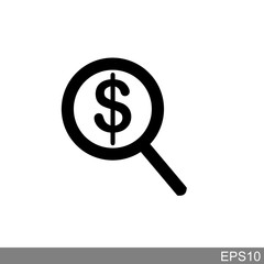 Black find best offer price magnifying glass icon, simple currency search data survey with us $ dollar interface, app ui ux web button logo
