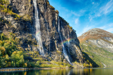 Seven sisters waterfall on Norway fjords