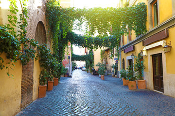 Naklejka na ściany i meble Old street in Trastevere, Rome, Italy. Cozy old street in Trastevere neighborhood of Rome, typical architecture and landmark of the city.